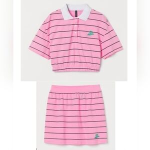 H&M Pink Striped Polo Crop Top and Skirt Set